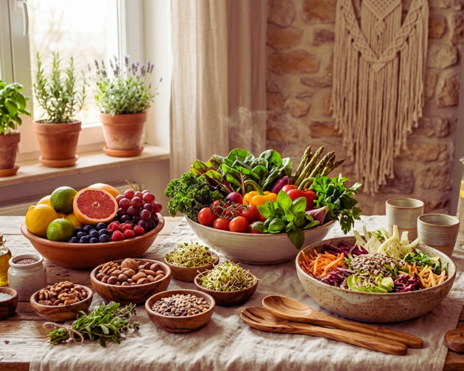 Bunte Genuss-Tafel mit Obst, Gemüse, Nüssen und Sprossen für die Basenzeit
