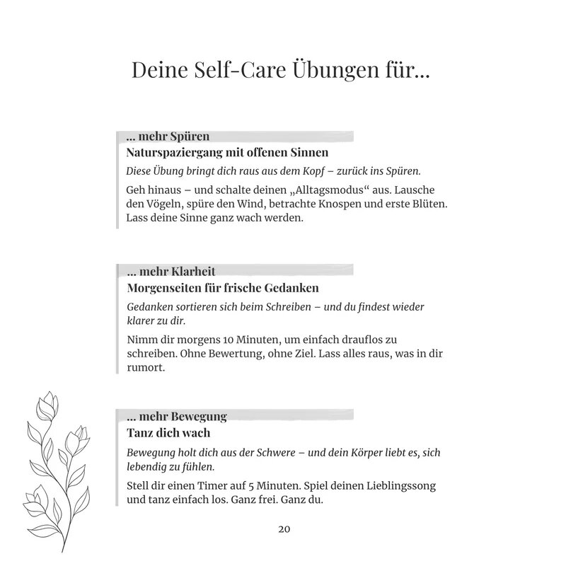 Seite mit Self-Care-Übungen für mehr Spüren, Klarheit und Bewegung, aus dem Buch Jahreszeitliche Selbstfürsorge