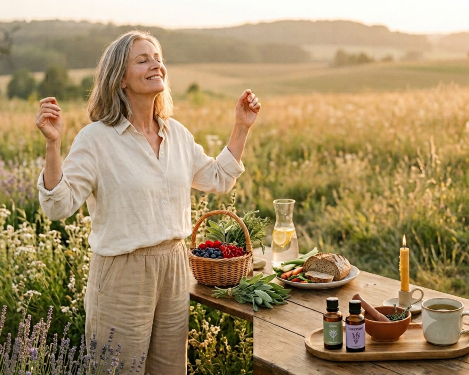Frau streckt die Arme glücklich in die Luft vor einem Frühstückstisch mit frischen Kräutern und Beeren in der Natur