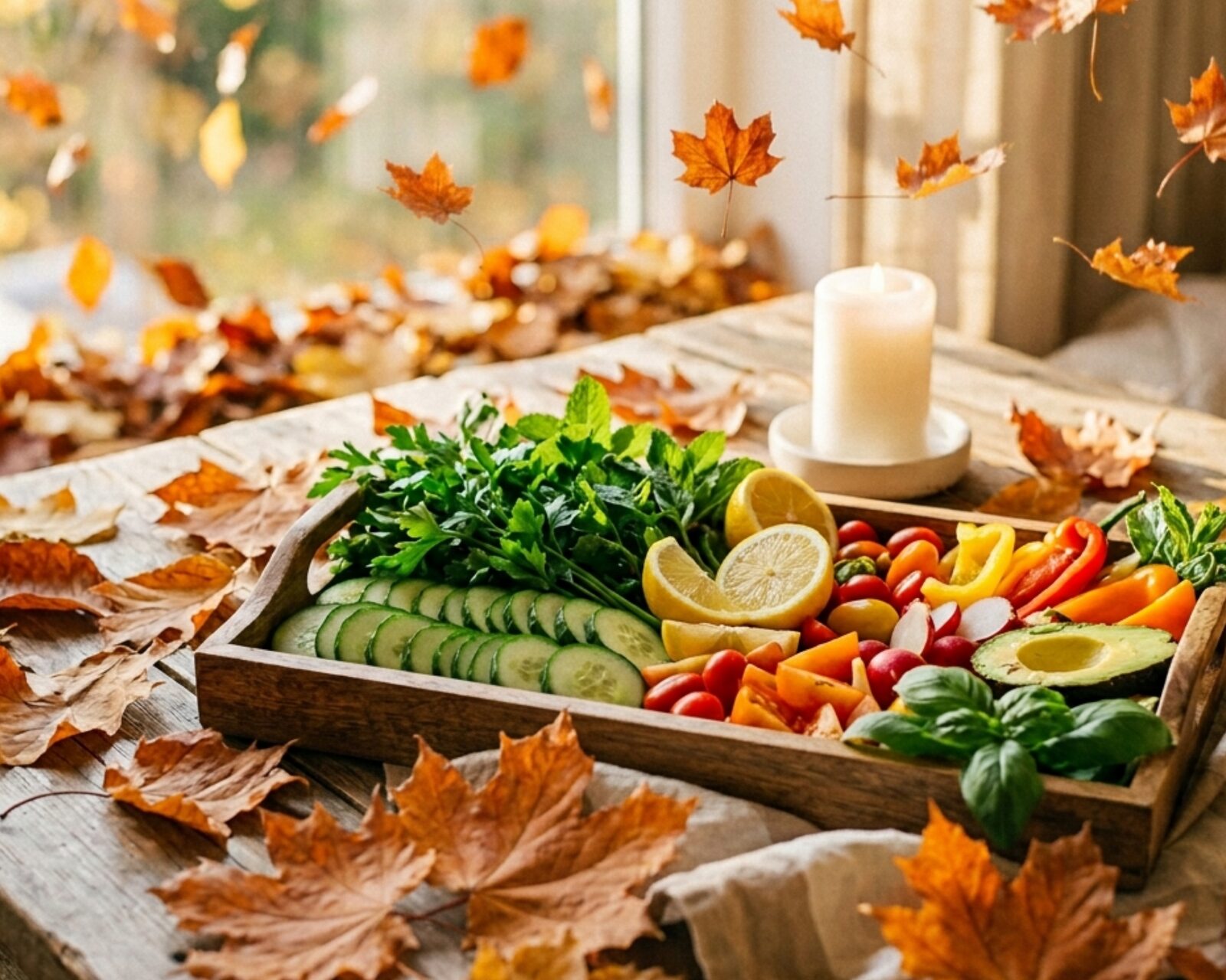 Herbstliches Gemüsetablett mit frischen Kräutern, Zitrone und einer Kerze, umgeben von buntem Herbstlaub