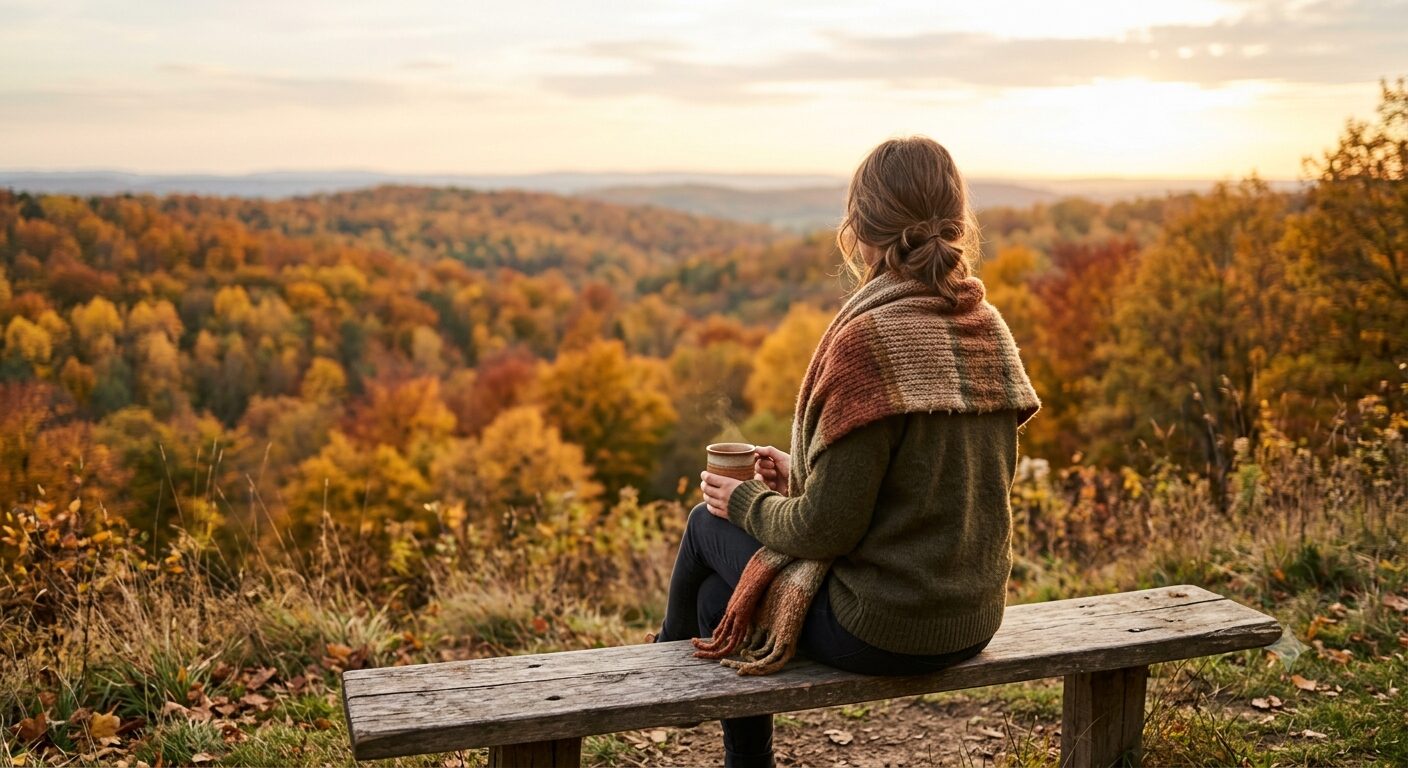 Frau mit einer Tasse Tee blickt über ein herbstlich verfärbtes Tal