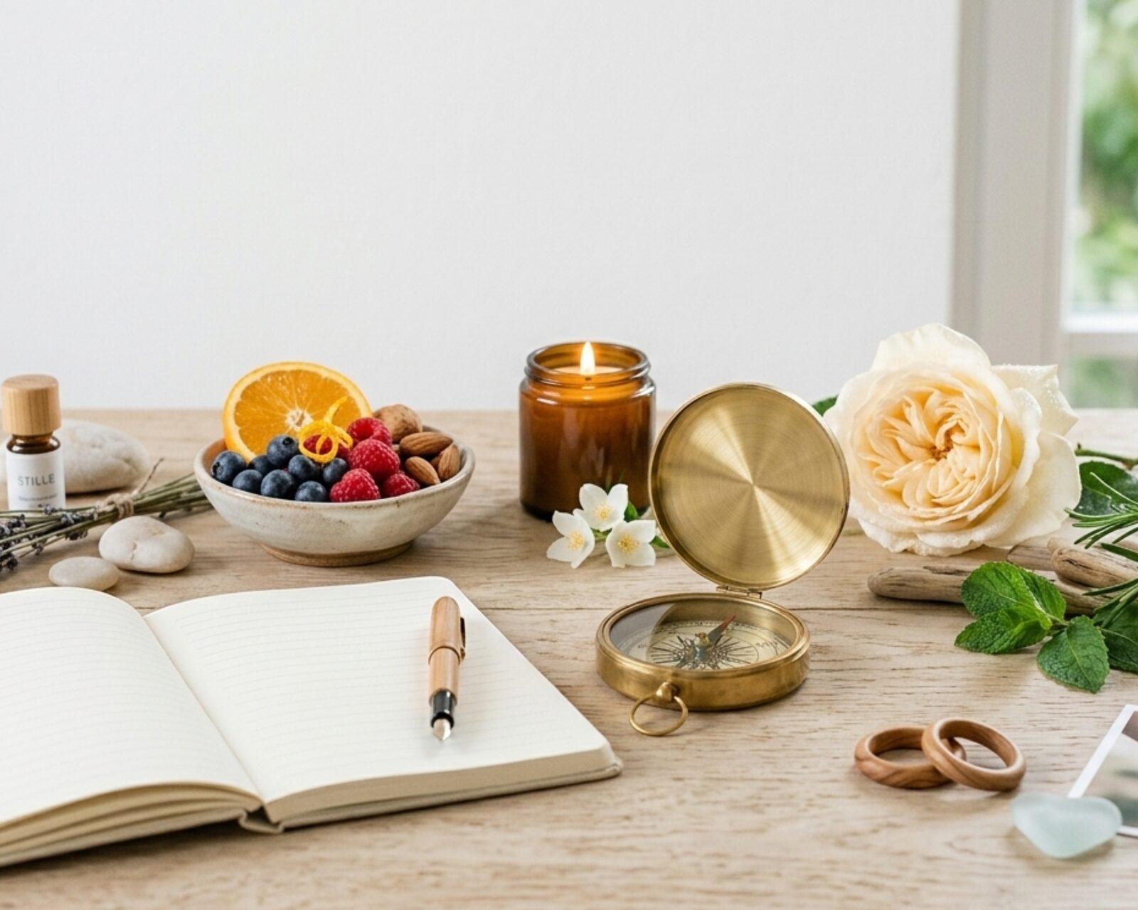 Goldener Kompass neben Notizbuch, Kerze, Obstschale und cremefarbener Rose auf einem hellen Tisch