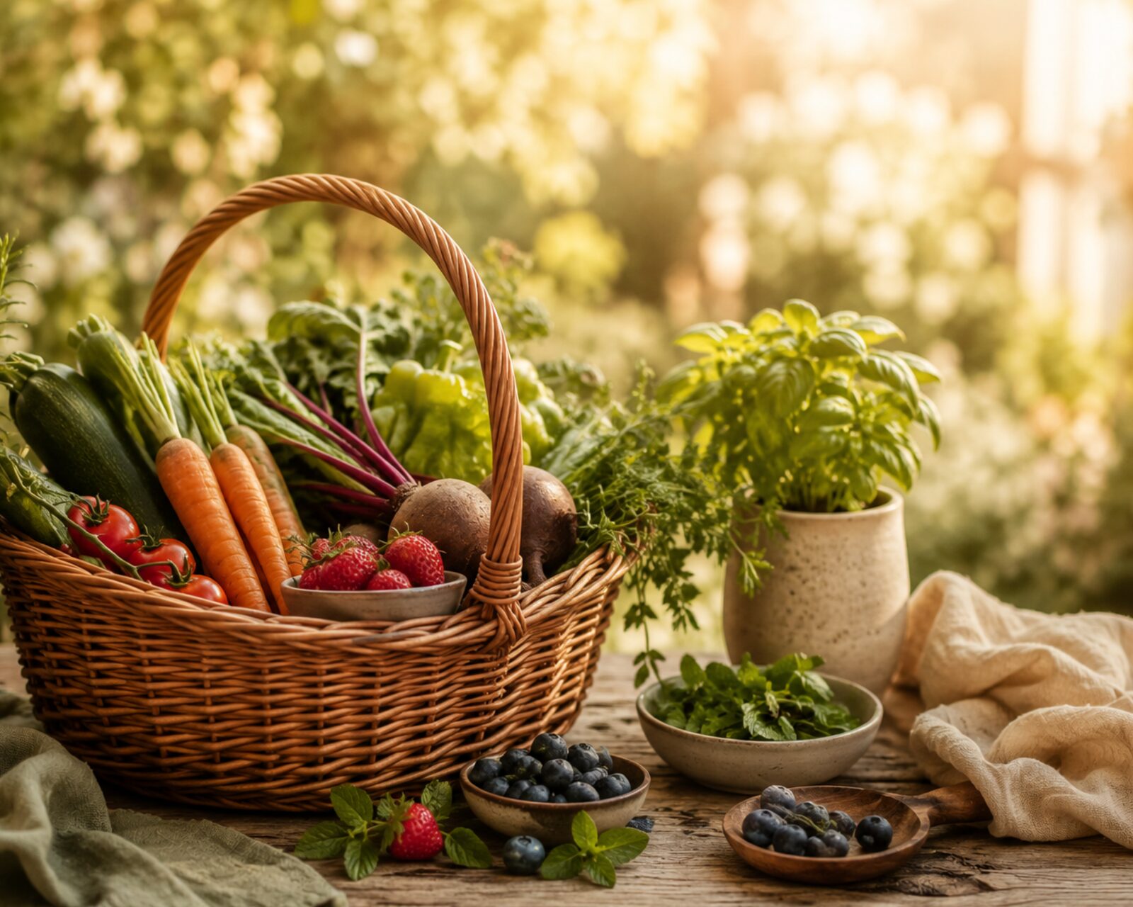 Weidenkorb voller frischem Gemüse und Beeren aus dem Garten – bewusste Ernährung