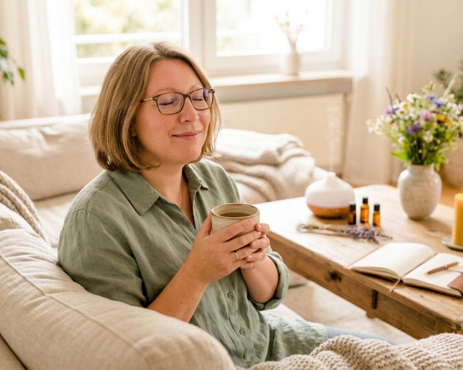 Kerstin Hiemer entspannt mit einer Tasse Tee auf dem Sofa, Duftöl-Diffuser im Hintergrund